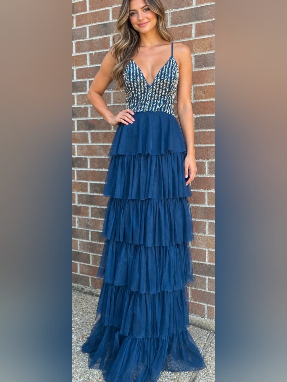 Lace & Beads Navy Beaded Tiered Tulle Maxi Gown Size S NWT Flaw
